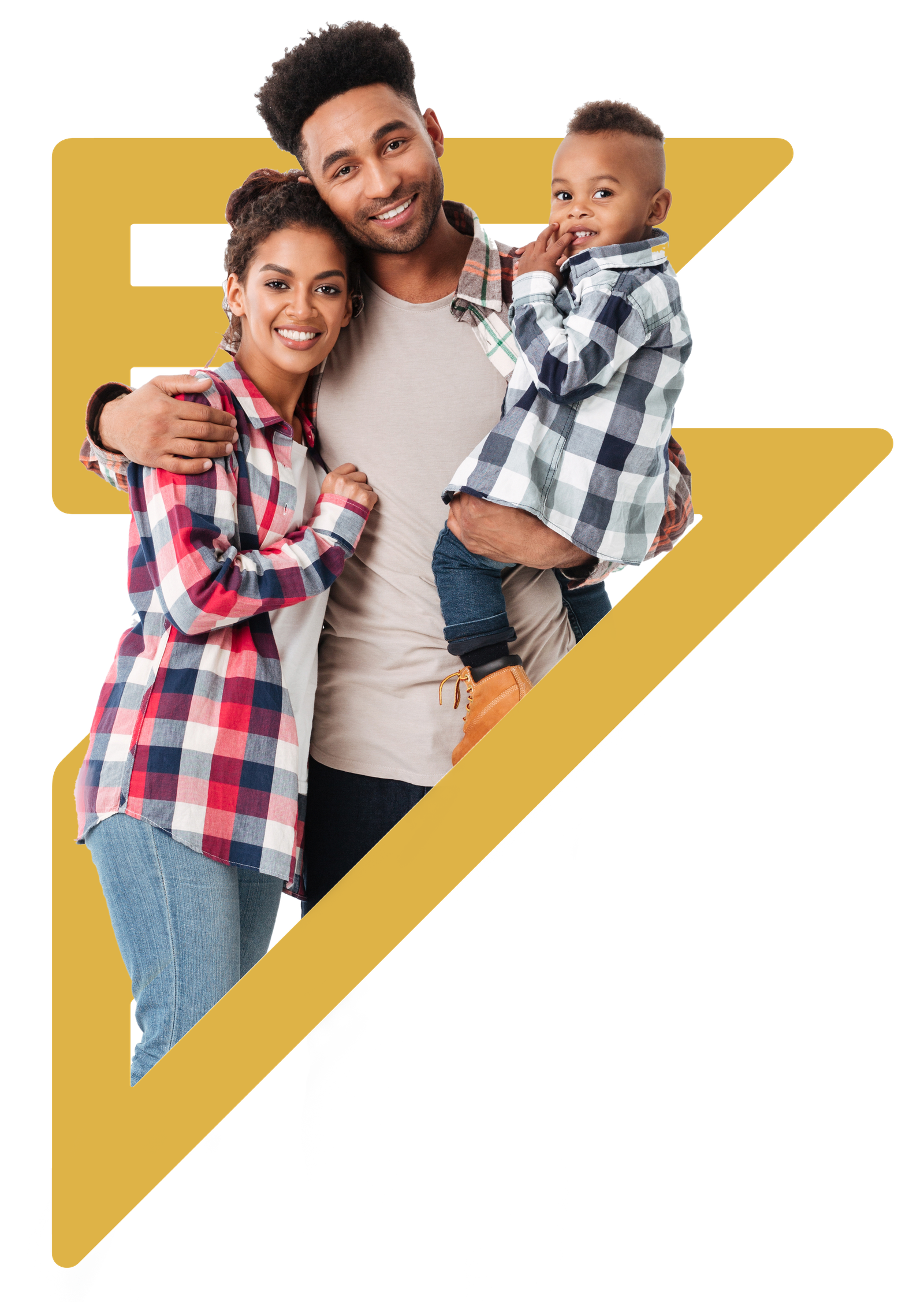 Família sorrindo sobre o símbolo da 7Bens